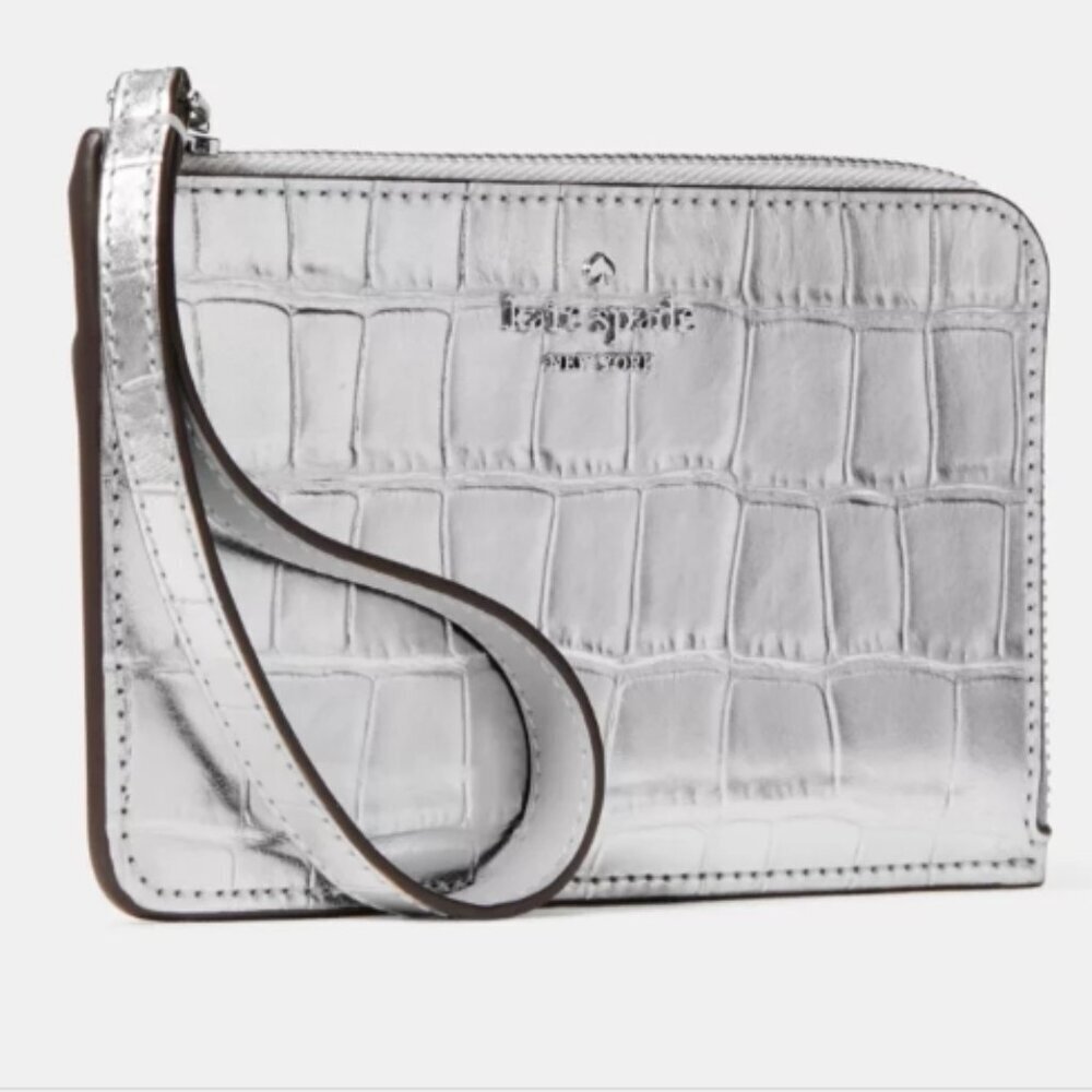 Kate Spade Lucy Croc Embossed Small L‑Zip Card Holder Wristlet – Silver – NWT